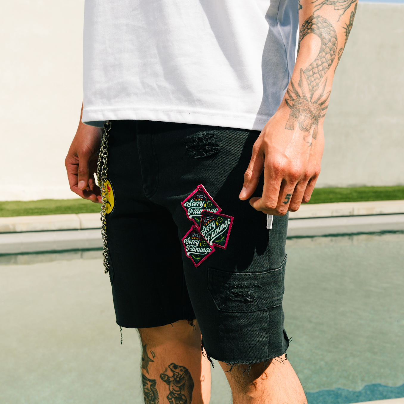 SorryFlamingo Distressed Biker Jorts